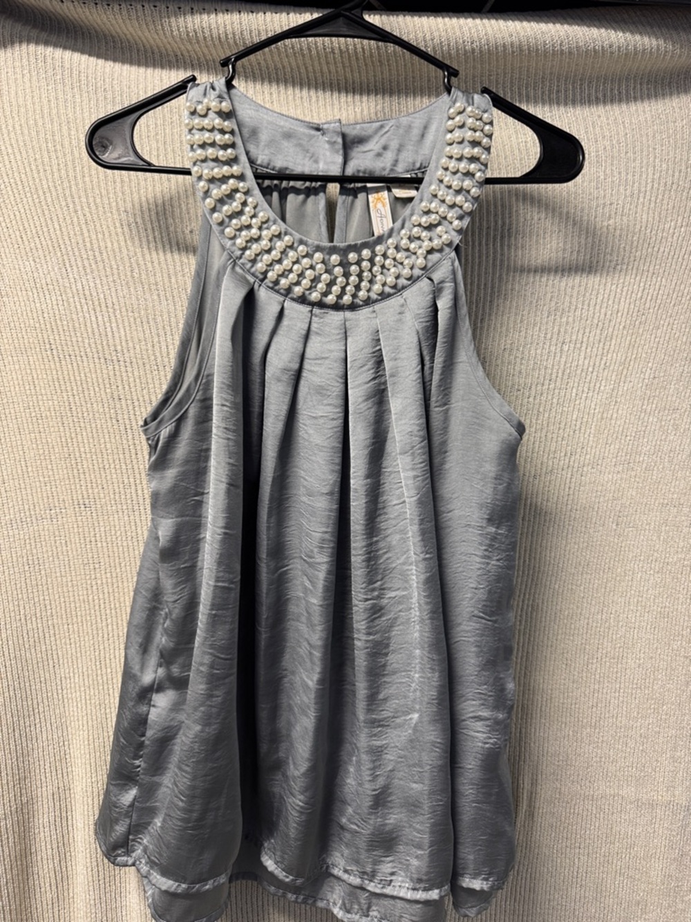 Adiva Silver-Gray Sleeveless Pearl-Embellished Neck Blouse